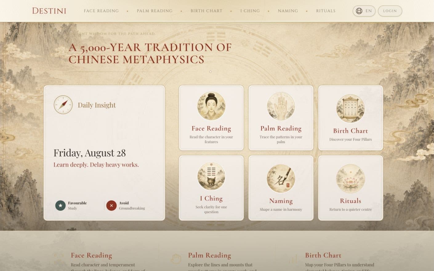 Current Destini home screen presenting face reading, palm reading, birth chart, I Ching, naming and ritual services